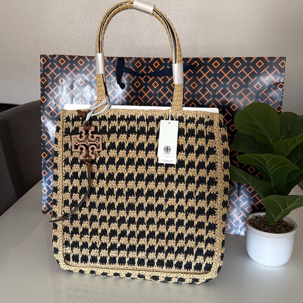 NWT , Tory Burch  straw Black and  tan Tote bag / black raffia - Picture 4 of 12